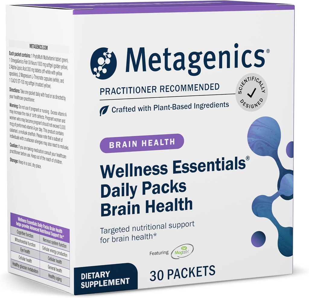 Métagène Bien-être Essentiels Santé cérébrale - Packs multivitamines quotidiens complets* - avec acide alpha lipoïque, biotine, DHA, Folate & CoQ10 - Supporte Mémoire, Focus et Fonction cérébrale* - 30 Packets