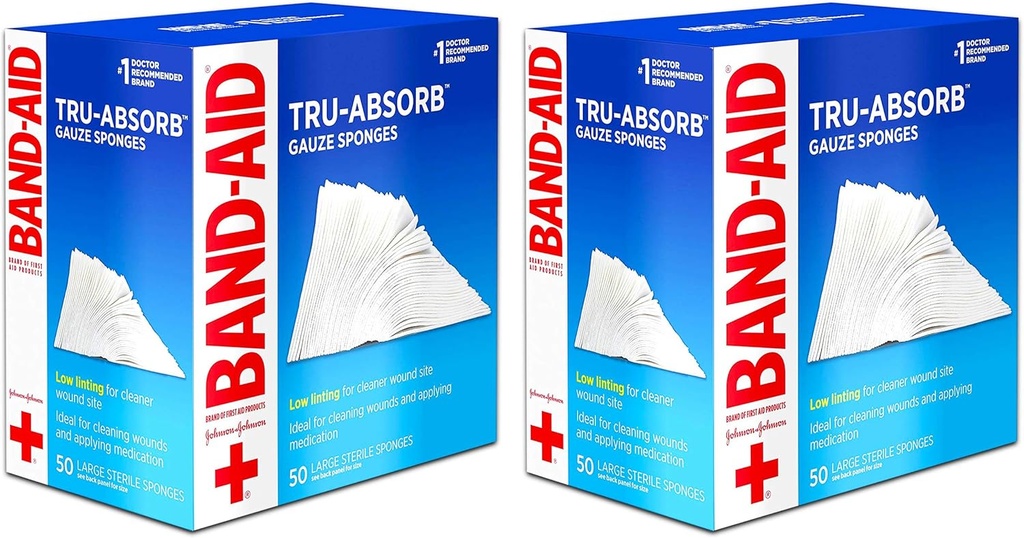 Band Aid brändi esmaabitooted Tru-absorb Steriilne Gauze käsnad puhastamiseks ja tükeldamiseks haavad, Low-Lint Design, 4 tolli 4 tolli, 50 Count (pakk 2)