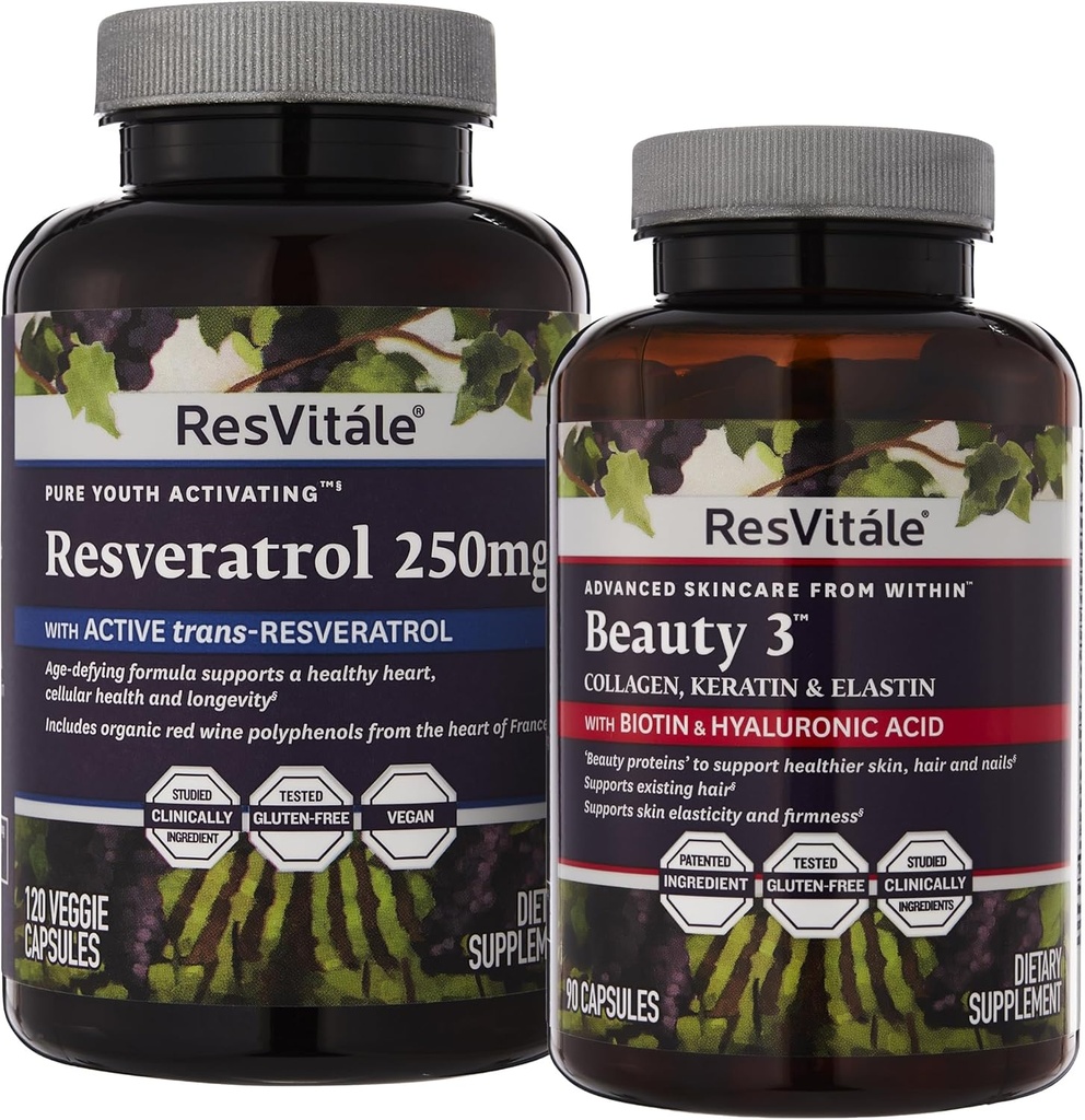 Resviewly Beaute 3 - Suppplement with Collagen, Kerartian & Elatin - 90 Capsuls & Reseveratrol 250 mg - Revelvratrol Supplement for Men and MER - 120 Vegie Capsles