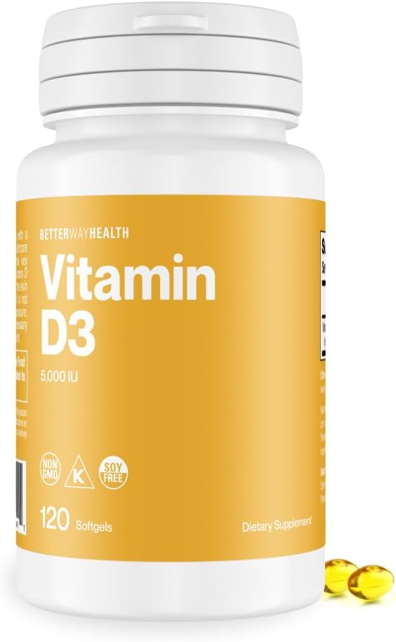 Mejor manera Salud Vitamina D3 5000 UI – High Potency Softgel Vitamina D Suplemento para Immune & Bone Health – No GMO, sin lácteos, 120 Softgels