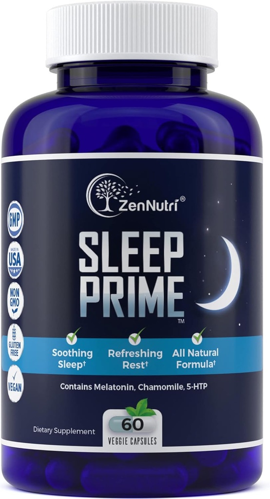 Sleep Prime Vegan Natural Sleep Aid for Adult Extra Strength - Deep Sleep Addition - Билкови хапчета за сън - Стрес облекчение - Мелатонин, GABA - 60 Veggie капачки