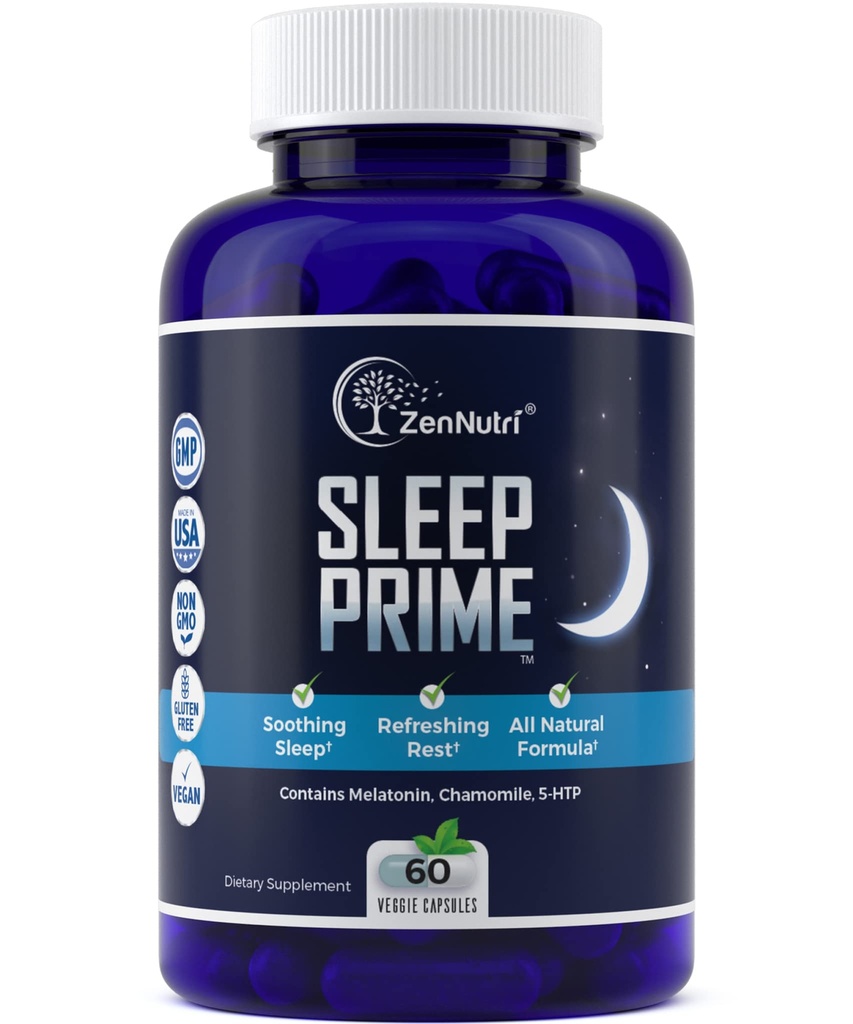 Sleep Prime Vegan Natural Sleep Aid for Adult Extra Strength - Deep Sleep Supplement - Herbal Sleeping Pill - Stress Relief - Melatonin, GABA - 60 Veggie caps