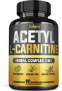 5in1 Acetyl L-Carnitine Complex Capsules - 2600mg Daily - Body, Brain & Immune Health Support - Konbinatuta Alfa Lipoic Acid, Green Tea, Green Coffee Bean & Raspberry Ketones - 90 Count for 3 Month