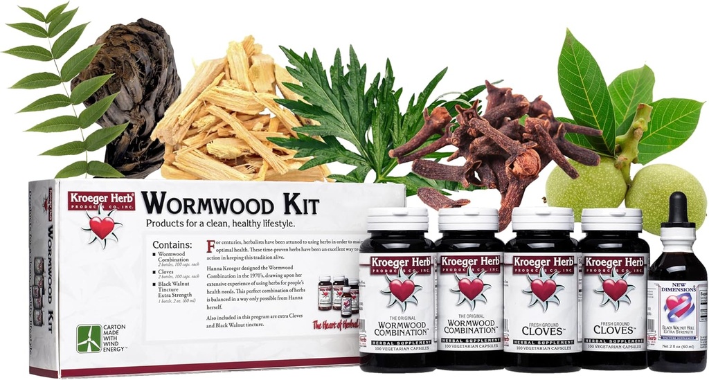 Kroeger Herb Products, Wormwood Herb Supplement Kit, Black Walnut, Crave, Quassia, Worm Wood Detox Cleanse - Cápsulas, Não-GMO, Sem glúten, Sem conservantes ou enchimentos, fabricados nos EUA