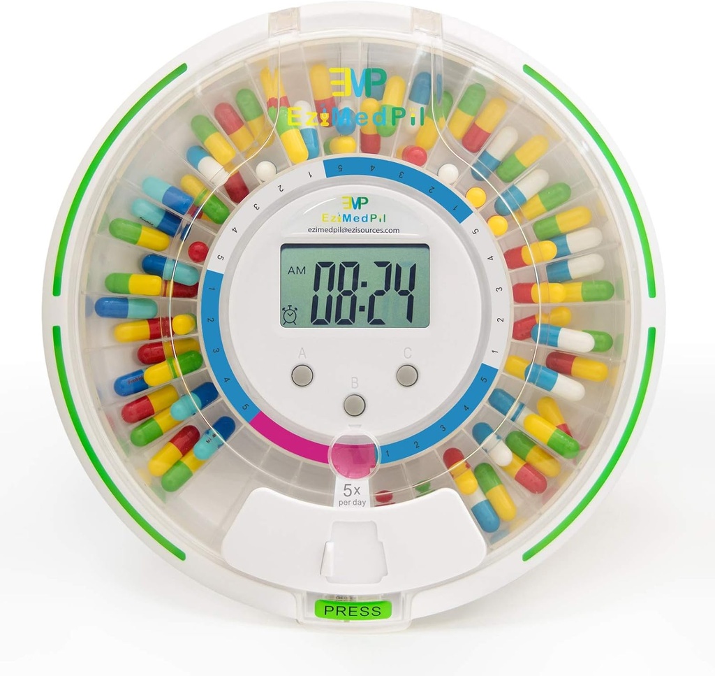 EziMedPil Automatic Pill Dispenser w/Audio & Visual Alerts, gehienez 6 Alarmak/egun, 6 Dosage txantiloiak, irakurtzeko erraza den LCD pantaila, Blokeatu medikazioa Dispenser w/Key for Prescriptions, Bitaminak & More, Garbitu Lid