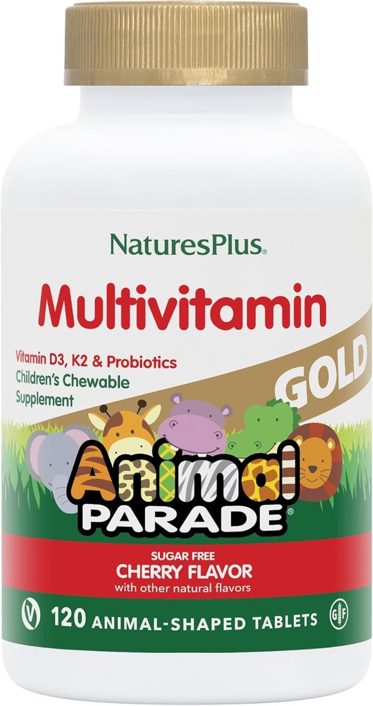 NaturesPlus Parade Hewan Anak-Anak Emas Berbahan Multivitamin - Alami Cherry Flavor - 120 Gambar Hewan, Paket 2 - dengan Vitamin D3, K2 & Program- 120 Total Servis