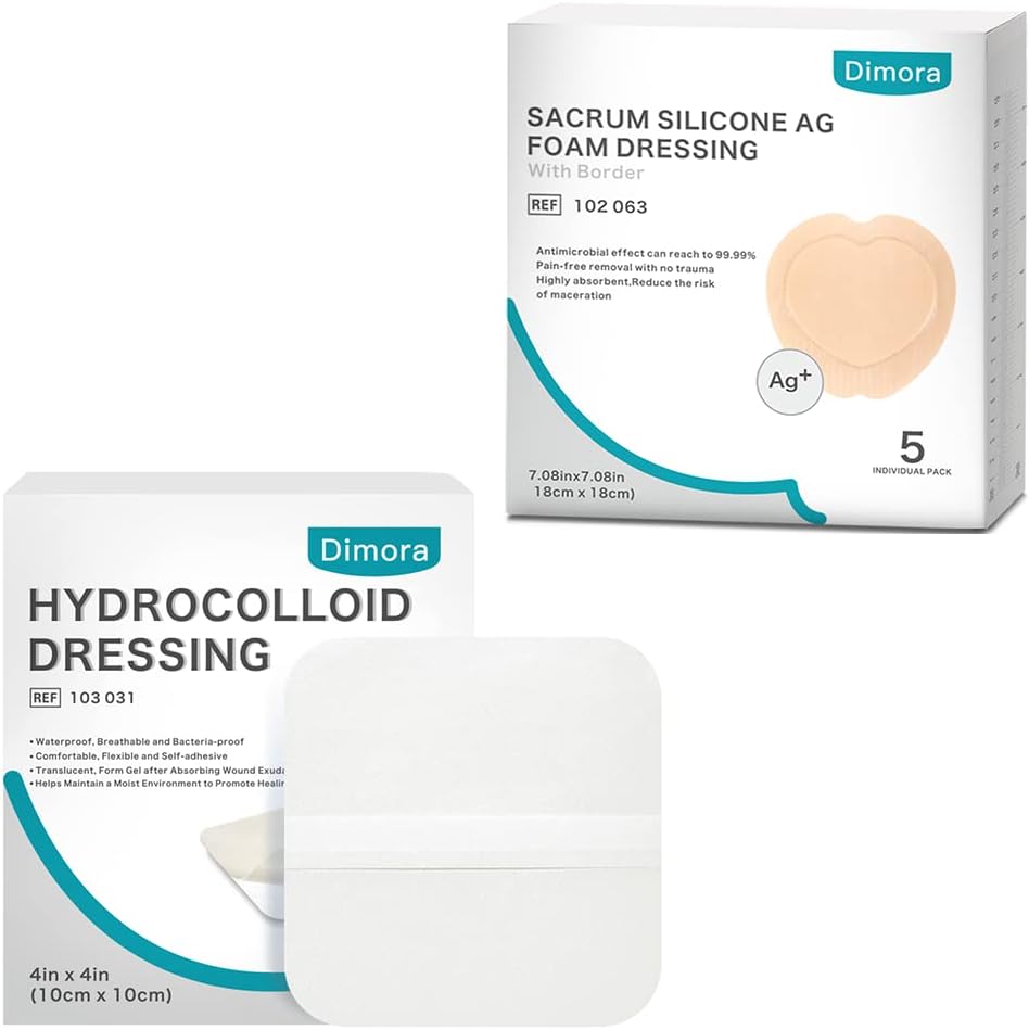 Hydrocolloid Wound Dressing, 10 Pack Ultra Thin 4" x 4" + Ag Silver Sacrum Foam Wound Dressing Bandages Silicone Adhesive Border 7"x7"