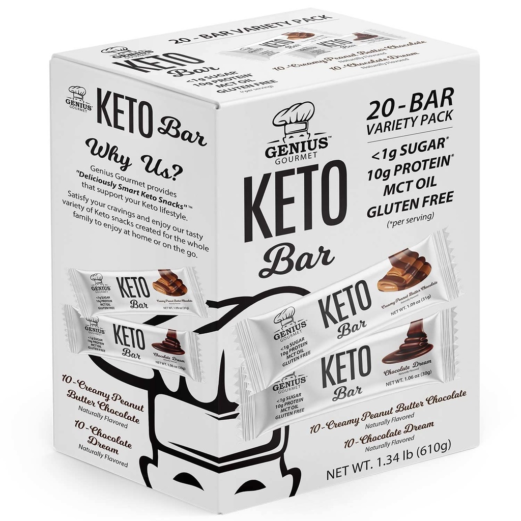 Genius Gourmet Gluten Free Keto Protein Bar, Čokoládové Keto Bary, Premium MCTs, Nízky Carb, Nízky cukor (Variety Pack, 20 grófov (Pack of 1))