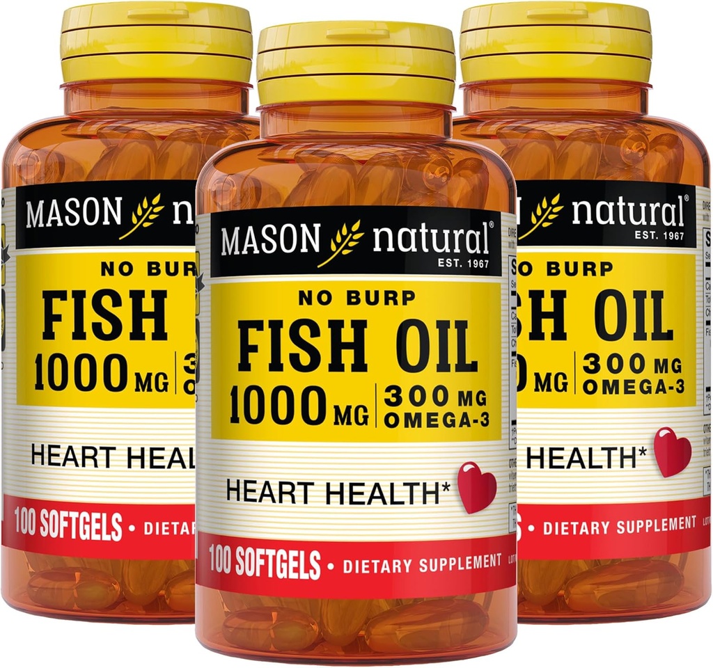 Mason Natural No Burp Fish Oil 1000 mg Omega, 3 300 mg, toetab normaalset südame tervist, 100 Softgels (pakk 3)