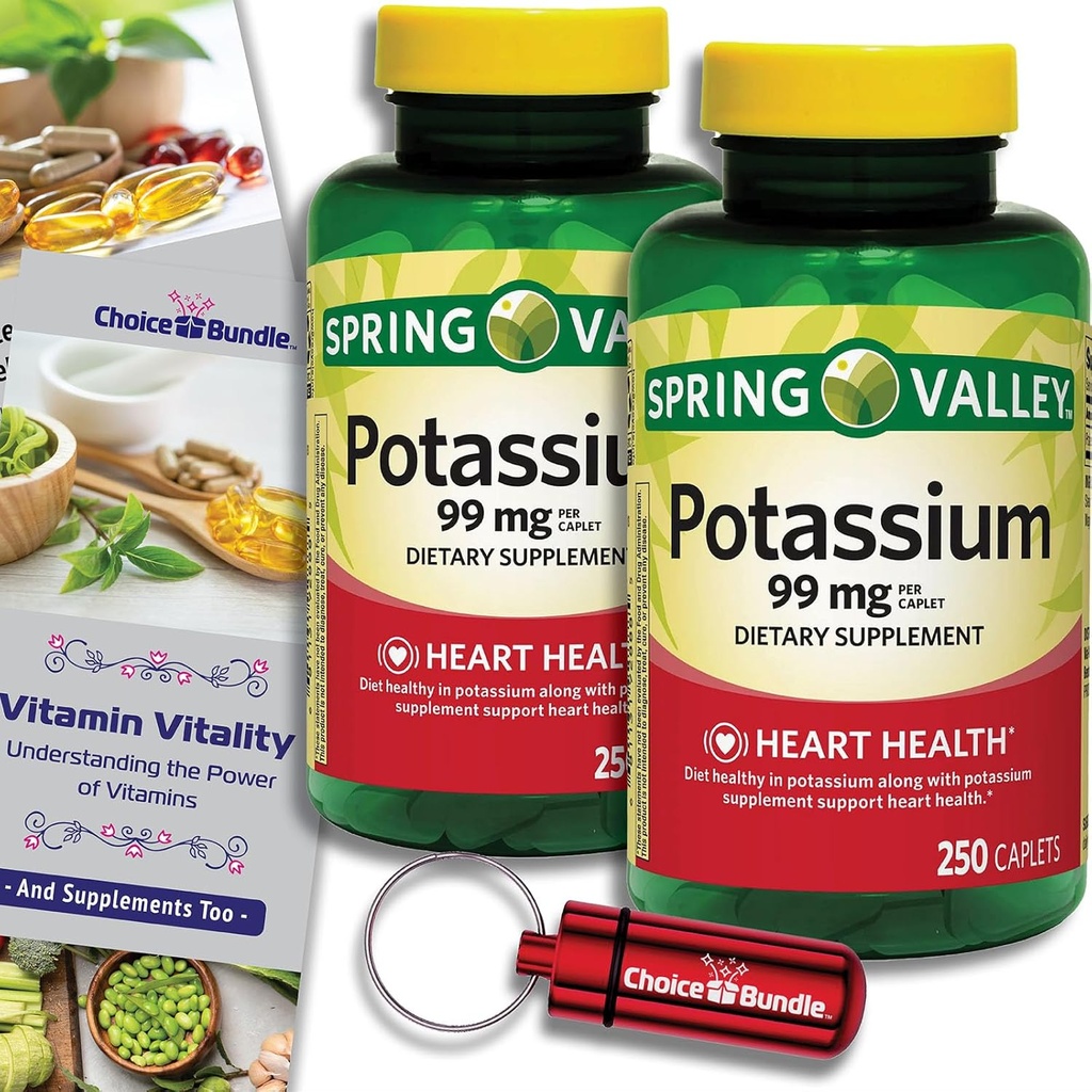 Valik Bundle Spring Valley kaaliumi südame tervise toidulisand Caplets 99 mg 250 CT 2 pk (500 kokku) + "Vitamiini Vitality" Guide & Keychain Pill Container (4 üksust)!