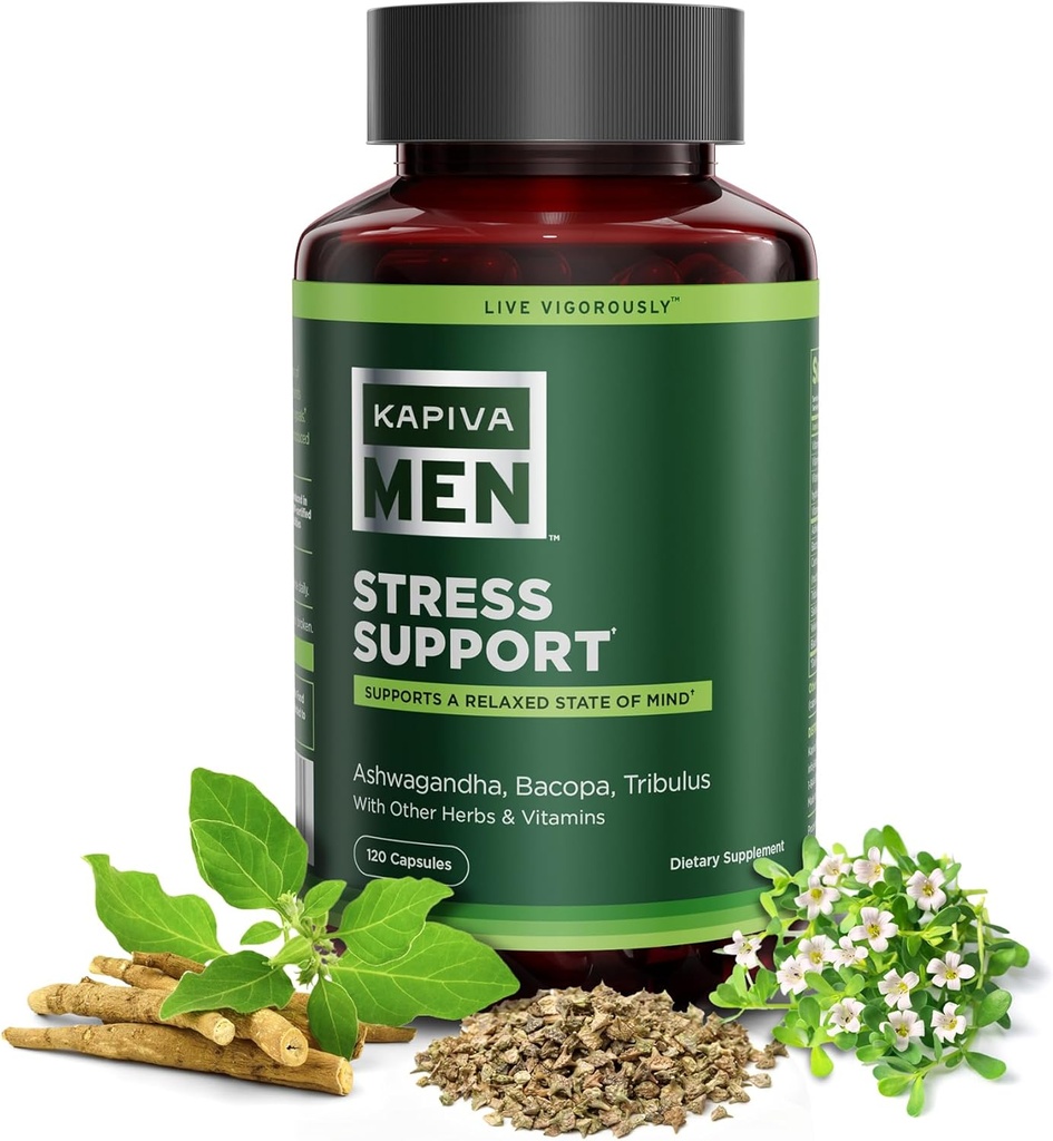 Stress Support Supplement med Ashwagandha, Bacopa, Tribulus og andre urter og vitaminer, støtter avslappet sinnstilstand, 60 dagers forsyning, 120 kapsler