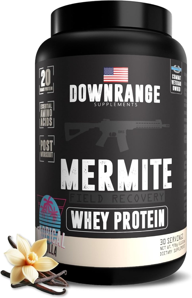 Polvere di proteine del siero di DownRange Mermite, recupero del muscolo post allenamento & supporto energetico, supplemento di miscela di bevanda con proteine del siero di 20g, aminoacido 9g, 30 Servings (Vanilla)