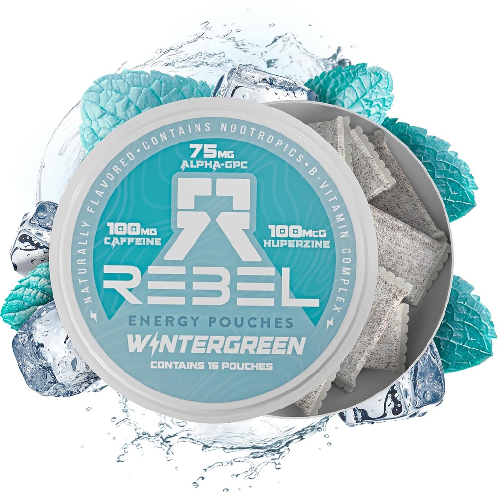 Nootropic Energy Caffeine Pouches • 100 мг кофеина • Alpha GPC • Huperzine A & Essential Vitamins • Sugar-Free • Coconut Fiber Technology • Wintergreen Flavor • 15 мешков на банку (упаковка 1)