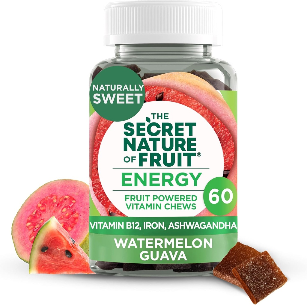 Fruit Energy Chewsin salainen luonne, todellinen hedelmäpowered B12-vitamiini, rauta, Ashwagandha, vesimeloni ja Guava pitkäikäiseen energiaan (60 kreivi), vaaleanpunainen