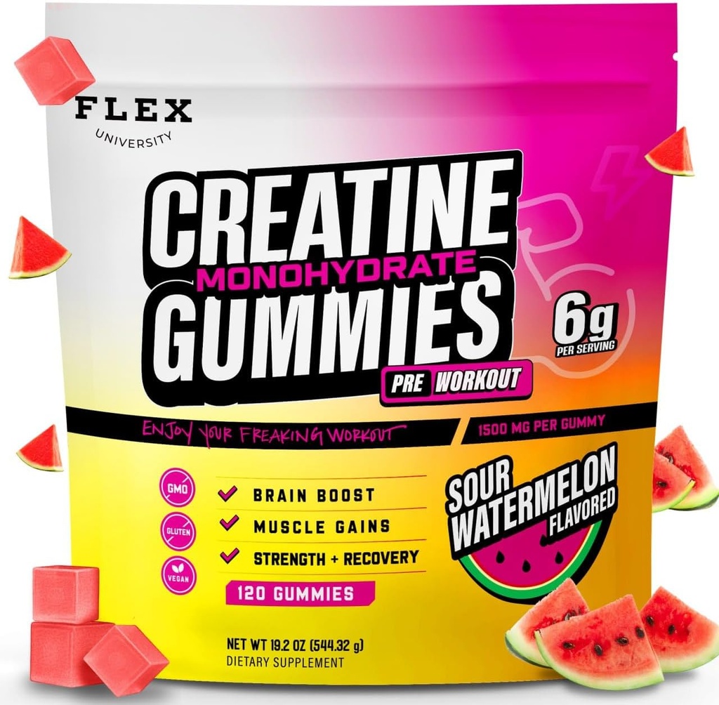 Creatine PreWorkout Gummier for menn kvinner 6g, Kreatin Monohydrate Forutsetning Trening Recovery Muscle Building Supplement Protein Chewables, Vegan Watermelon Creatina Gym Booty vekst gevinster (120 Ct)