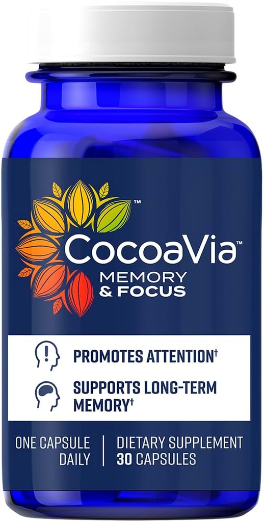 CocoaVia Memory & Focus Brain Supplement, 30 Dag, Kakao Flavanol Blend, Lutein, Tilføjet koffein til Boost. Forbedre kognitiv funktion, Opmærksomhed, Vegan & Plant baseret, 30 Kapsler