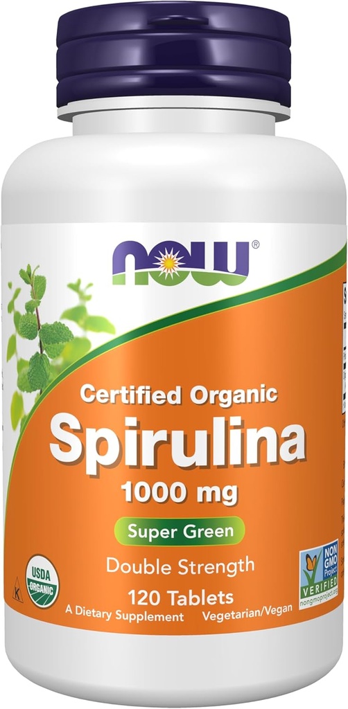 NOW Foods Supplements, Certified Organic, Spirulina 1000 mg (Dvojna moč), bogata z beta karoten (vitamin A) in B-12 z naravno GLA , 120 Tablete