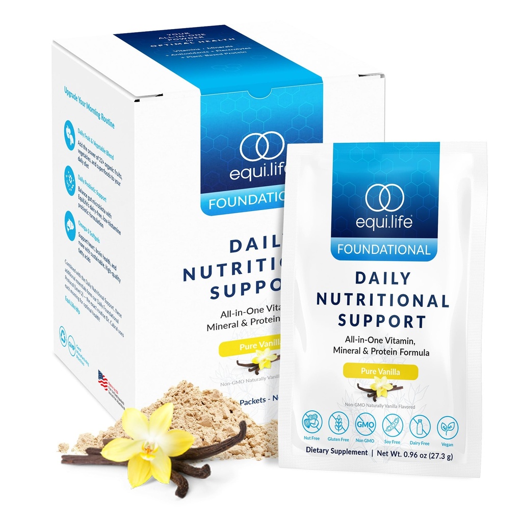 Equilife Daily Nutritional Support, All-in-One Multivitamin Powder, 15G Plant Protein, Supports Wellness Including Energy, Digestion, & Detoxification, Pure Vanilla Flavor, 14 Travel Packets