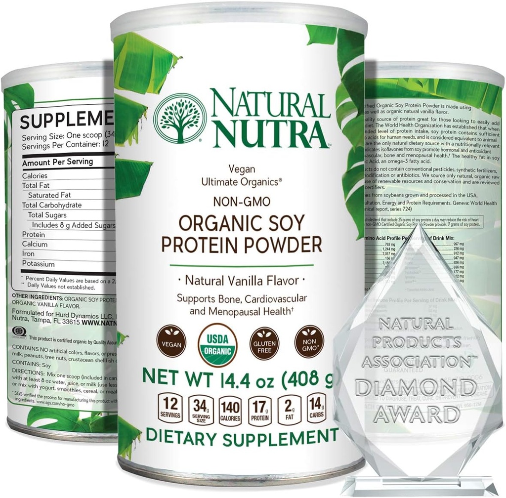 Natural Nutra Organic Vegan Plant Based Soy Protein Source Toz, Support Midlife Transition, Supports Bone və Cardiovascular Health, Gluten Pulsuz, GMO, Sugar-Free 14.4 OZ.