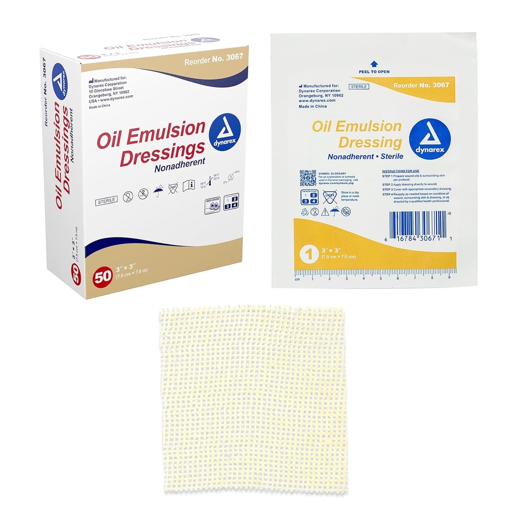Dynarex Oil Emulsion Dressings, Wound Care, Absorbend, 3 "x 3" Sterile Knited Gauze Dressing with Emulsion Blend of Petrolatum and Sunflower Oil, 1 Box of 50 Oil Emulsion Dressing