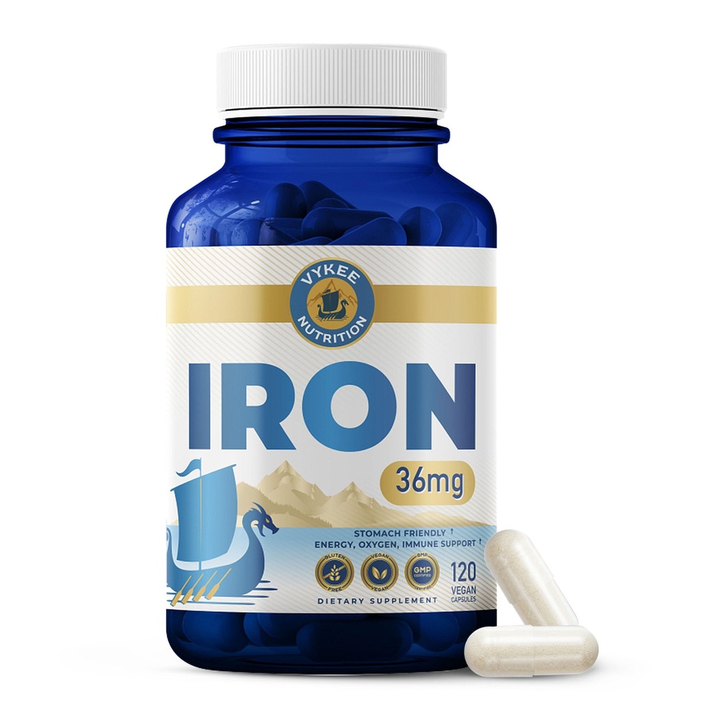 Vykee Nutrition Iron Bisglycinate - 36 mg for Men and Women, Gentle Iron Supplement to Help Maintain Healthy Iron Levels, High Absoprtion, Non-GMO, Gluten-Free - 120 Capsules