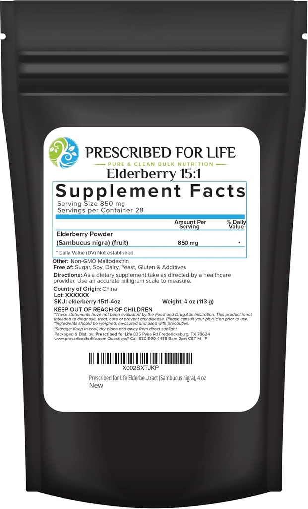 Prescribed For Life Elderberry Powder, Powdered Elderberry for Adults, High Vitamin C Content, Full of Dietary Fiber & Antioxidants, Vegan, Gluten Free, Non GMO (4oz / 113g)