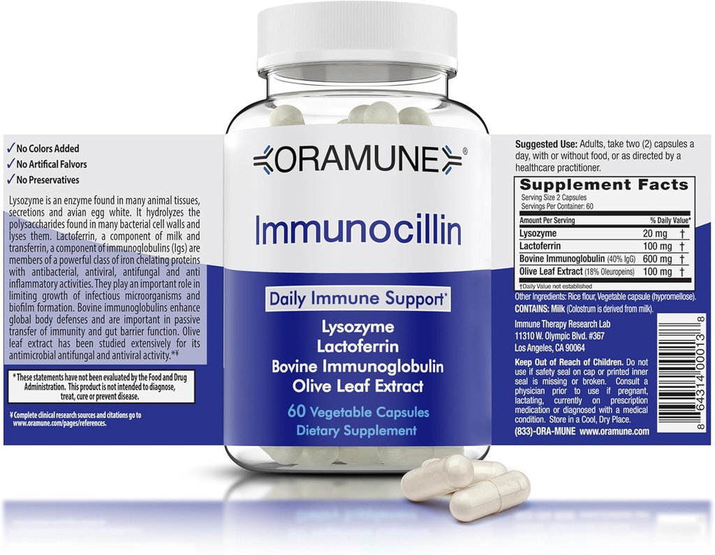 Apoyo Suplemento con Factor de Transferencia y Colostrum Puro ImmunoCillin ANTE Lysozyme, Lactoferrin, Bovine Immunoglobulin &amp; Olive Leaf Extracto, 60 cápsulas