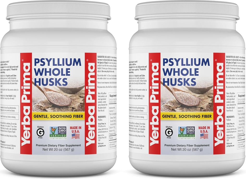 Yerba Prima Whole Psyllium Husk Fiber Supplement 20 oz (pakket van 2) - Veganistisch, Glutenvrij, Non-GMO