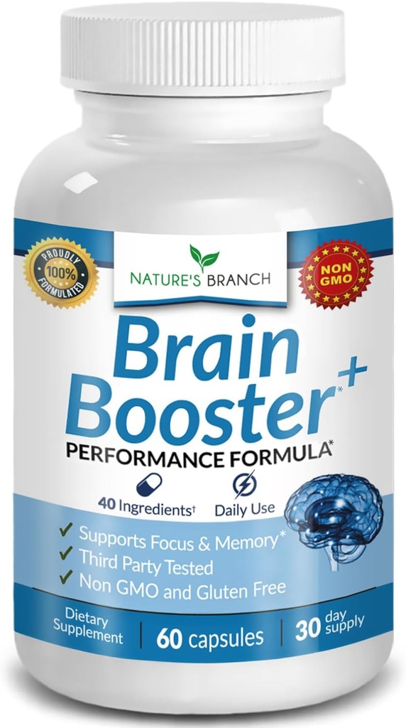 40-в-1 Brain Booster Supplement for Focus, Пам'яті, Clarity, Energy Advanced Вітаміни Plus eBook для чоловіків і жінок, Когнітивні функції Nootropic Support з DMAE, Mind Health Formula 60 капсули