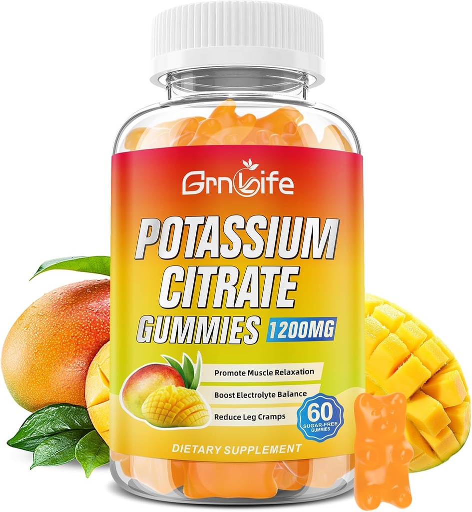 Potassium Citrate Gummies, High Potassium Phụ Gummies 1200mg cho người trưởng thành và trẻ em, hỗ trợ Leg Cachs & Cil Health, Vegan, Mango Flavor 60 Count