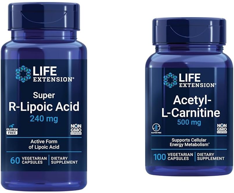 Life Extension Super R-lipojska kislina 240 mg in acetil-L-karnitin 100 kapsul - celična energija in zdravje možganov