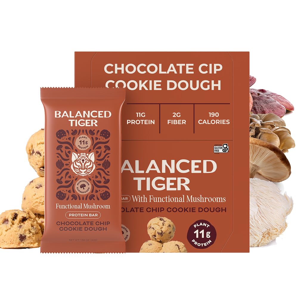 Balanced Tiger Vegan Protein Bars | Plant Based Protein Bars w/Functional Mushrooms - Lions Mane, Shitake, Reishi & Maitake | Chocolate Chip Cookie Dough Flavor, 12 Pack