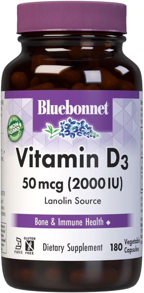 Bluebonnet Nutrición Vitamina D3 2000 cápsulas de verduras IU, axuda no crecemento muscular e esquelético, colecalciferol de Lanolin, D3, Non GMO, libre de glute, libre de soia, libre de leite, Kosher, 180 cápsulas vexetais