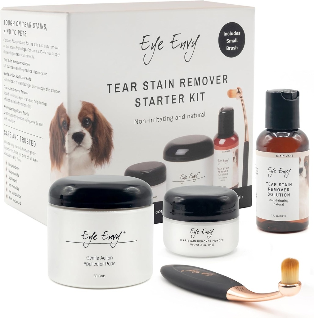 Eye Envy Dog Tear Zestaw do rozdrabniania plam z pędzlem proproszkowym 124; Płytki roztwór, Applicator Pads, Plain Powder i Mały Applicator Brush 124; Trwa 30- 45 Dni