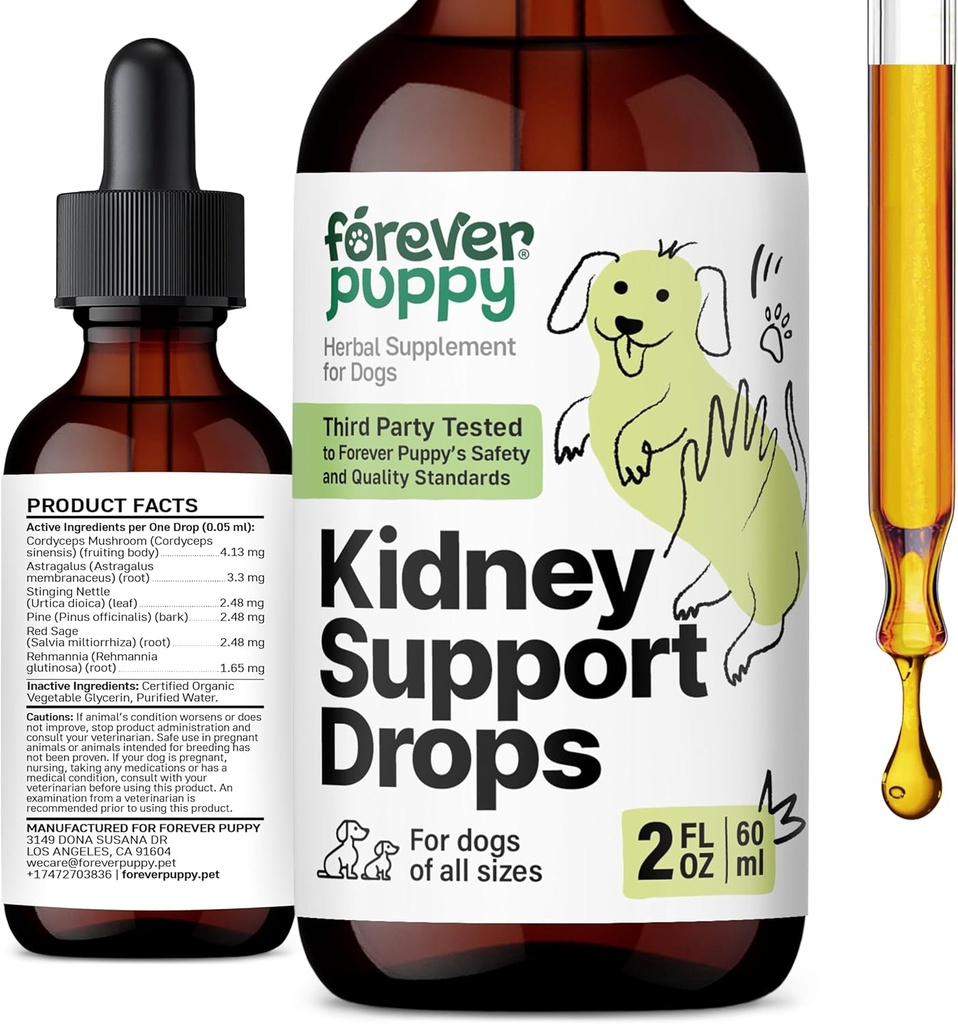 Forever Puppy Kidney Support Drops for Dogs - Cordyceps Mushroom, Astragalus, Stinging Nattle Leaf Extract - Υγρό σκυλί Βιταμίνες και συμπληρώματα - Ζάχαρη & Αλκοόλ-ελεύθερο Βάμμα - 2 fl oz
