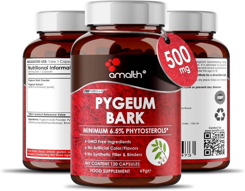 Amalth Pygeum Bark Extract Višja potenca v prahu (6,5% fitosterolov) podpira sečilni traktat & prostata Health Men Zeliščni dodatki 120 kapsul (ne - GMO)