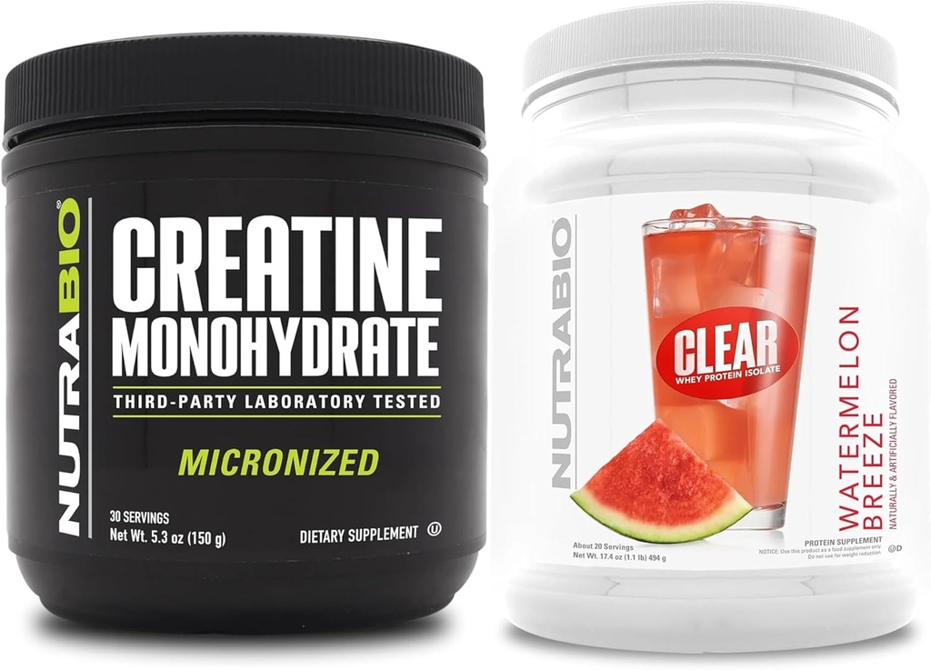 NutraBio Kretine Monohidrat, Unflavored, (150 g) ve Clear Whey Protein Isolate, (Watermelon Breeze) Tamam Sche – Kas Enerji, maksimum Büyüme, Kurtarma ve Güçlü