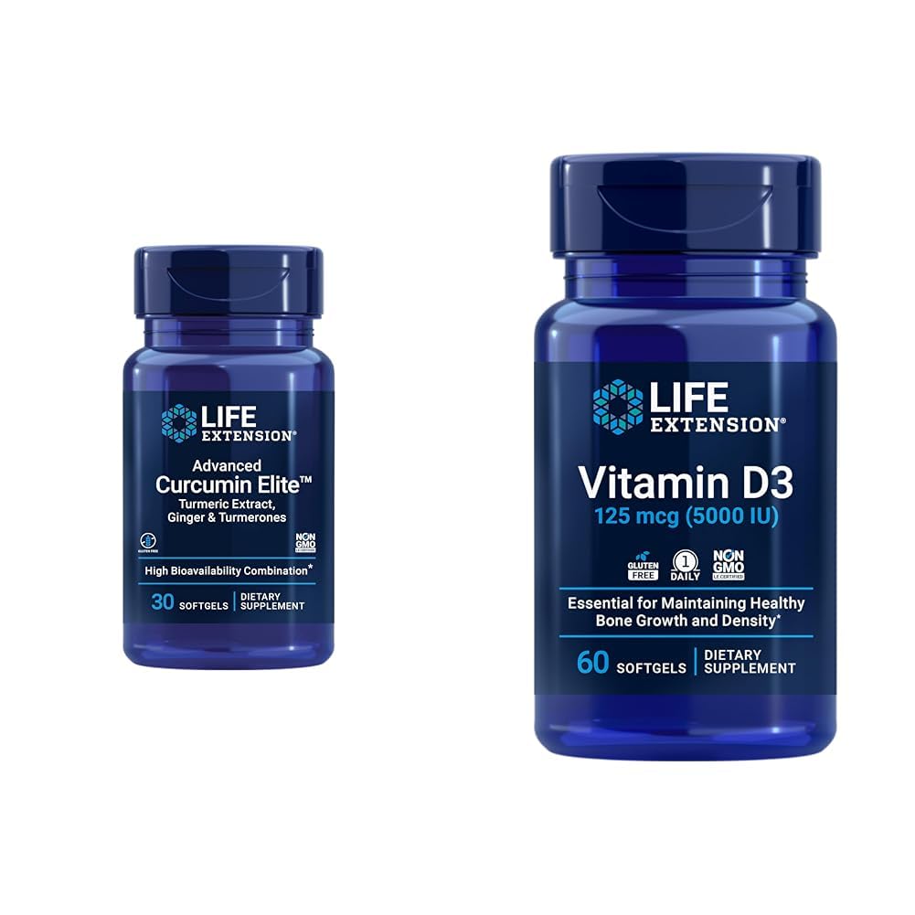 Life Extension Curcumin Elite Turmeric Ginger Extract & Vitamin D3 5000 IU Softgels - Healthy Inflammatory Immune Response and Bone Brain Health - 30 & 60 Count
