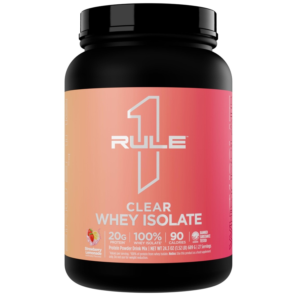 Rule 1 Proteins Clear Whey Isolate, Strawberry Lemonade, 27 Servings | 20g All-Whey Isolate Protein Mix, Over 9g EAAs, 90 Calories, Zero Sugar, Easy to Digest, Light, Crisp, and Refreshing Taste