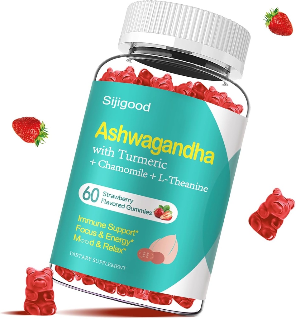 Ashwagandha Gummies с L-theanine, Ashwa Root добавка Гъми за жени Мъже, 60 Ягодови Ароматизирани Гуми