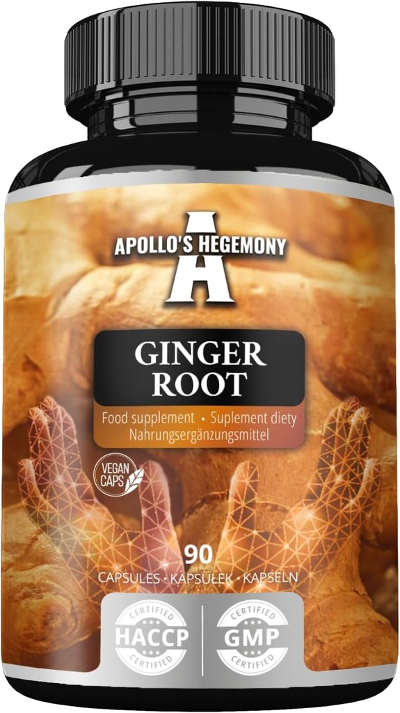 APOLLO'S HEGEMONY Ginger Root 500 mg, Extract Contains 5% Gingerols, 90 Vegan Capsules, 3 Months Supply, Ginger Herbal Supplements for Digestive Comfort and Immune Support