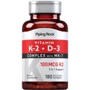 Piping Rock Vitamin K2 D3 Supplement | 100 mcg | 180 Softgels | Complex with MK7 | Non-GMO, Gluten Free