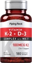 Pipling Rock Chinal K2 D3 Supplement | 100 Mcg | 180 Softlegles Complex with MK7   Not-GMO, Gluten Free