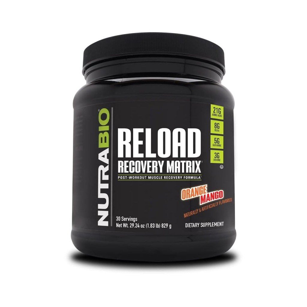 NutraBio Reload - Powerful Muscular Recovery Formula - Post-Workout Supplement Powder - 3G Creatine - 8G BCAAs - 5G Glutamine - 30 Servings - Orange Mango