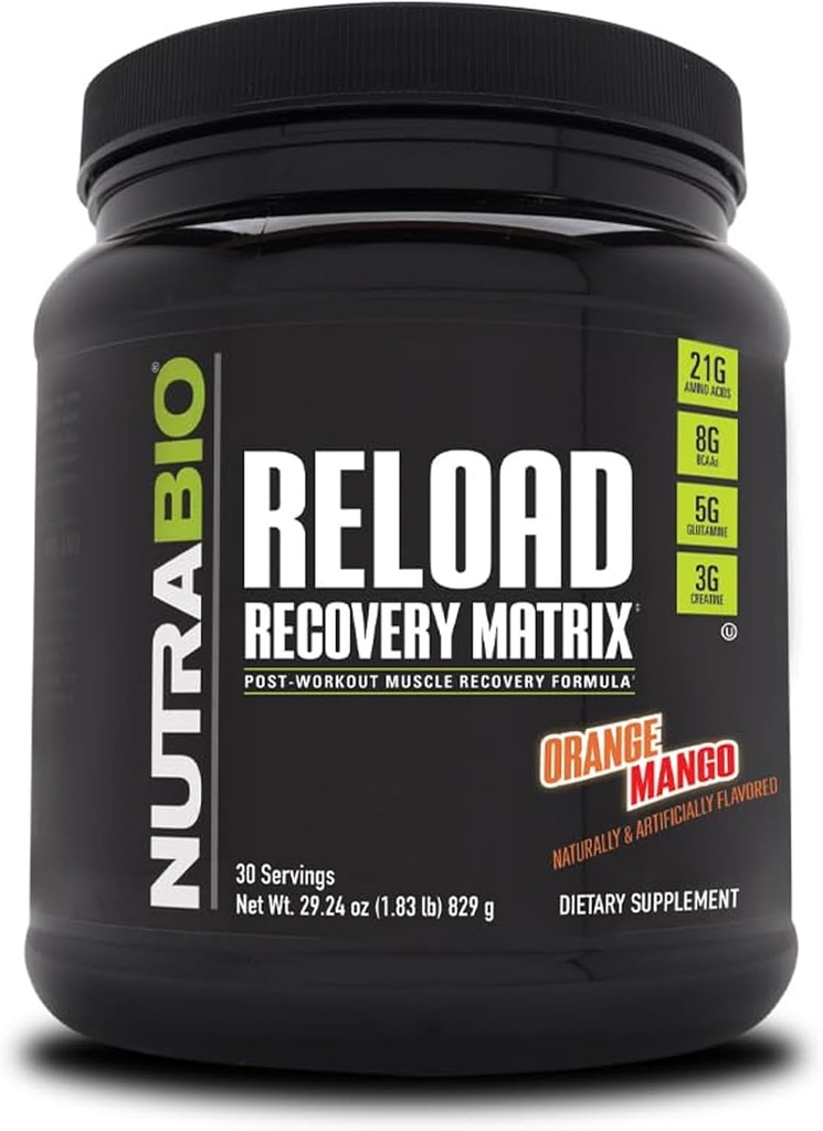 NutraBio Reload - Powerful Muscular Recovery Formula - Post-Workout supplement - 3G Creatine - 8G BCAAs - 5G Glutamine - 30 Servings, Orange Mango