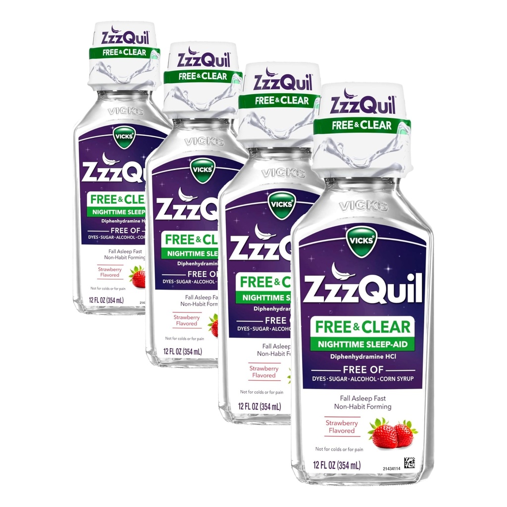 ZzzQuil, Nighttime Sleep Aid Liquid, Free of Alcohol & Artificial Dyes, 50 mg Diphenhydramine HCl, No.1 Brand, Fall Asleep Fast, Non-Habit Forming, Soothing Berry Flavor, 12 FL OZ (Pack of 4)