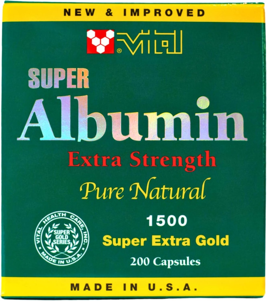 Ny & forbedret Super Albumin Gold Extra Strenth 1500 mg 200 kapsler