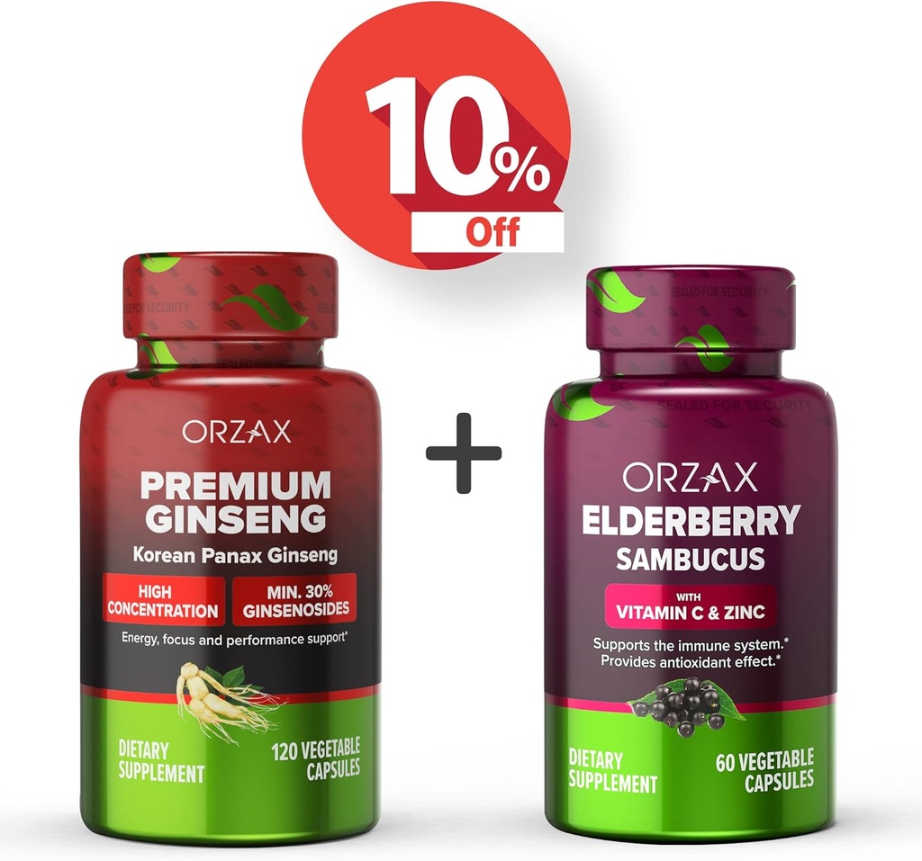 ORZAX Ginseng, %30 Ginsenosides, Premium 120 kapsula begetal eta Elderberry kapsulak, 2000mg 60 kapsula begetal, Bundle