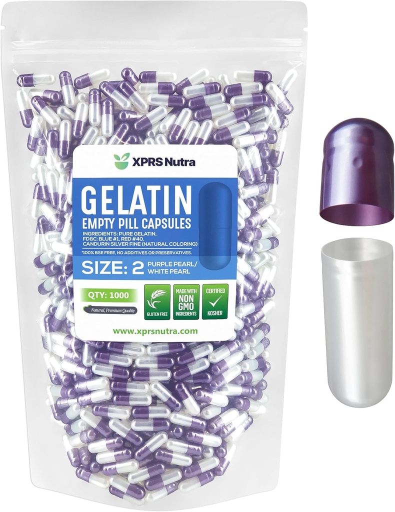 XPRS Nutra Розмір 2 Empty Capsules - 1000 Count Empty Gelatin Capsules - Таблетки DIY Capsule Filling - Pure Bovine Pill Gel Caps для Do-It-Yourself Supplements (Pearl Purple/білий)