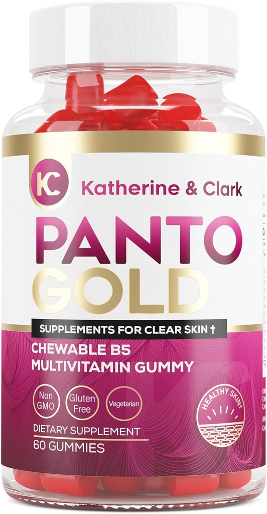 Katherine & Clark Panto Gold Vitamin B5 Pantothenic Acid Gummies för Acne - Hair Skin och Nails Gummies - Biotin, Zink, Folic Acid Chewable Non-GMO Gluten-Free för Body - Oily Skin Gummies - 60 Count